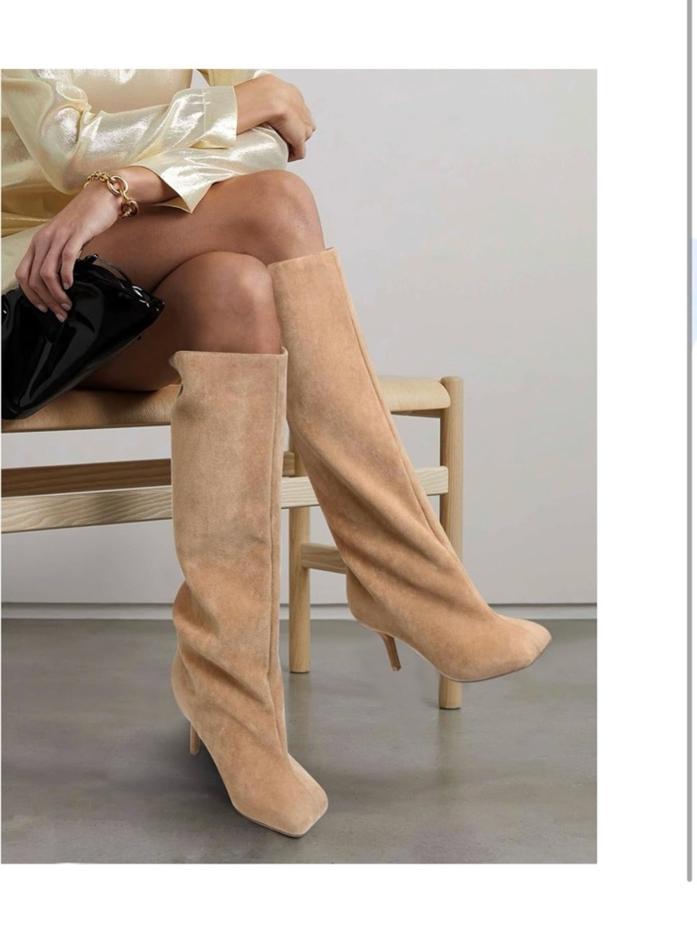 Suede Knee High Boots Square Toe Stiletto Heels Wide Calf Tall Boots in Tan